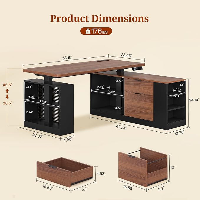 UPOSOJA L Shaped Standing Desk Adjustable Height, 53" Electric Office Desk with File Drawers & Storage Shelves, Sit Stand Corner Computer Desk with Power Outlets, Pegboard, 6 Hooks, Black & Walnut