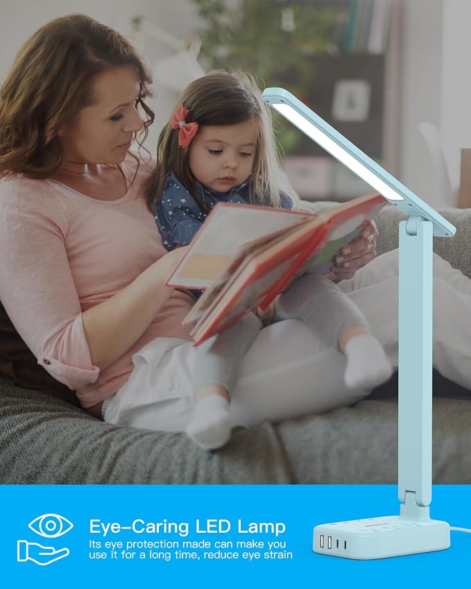 One Beat LED Small Desk Lamp Power Strip 5ft Extension Cord, 3 Outlets, 4 USB Ports(2 USB C), 4 Modes, 5 Level Touch- Home, Office, Bedroom, Bedside, Study Reading Light, Dorm Room Essentials, Blue