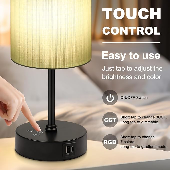 Unicozin Table Lamp for Bedroom, 3 Color Temperatures, 7 RGB Colors, Adjustable Brightness, Dual USB Charging Ports, Ambience Nightstand Light with Blue Shade, Desk Lamp for Kids Reading Home Office