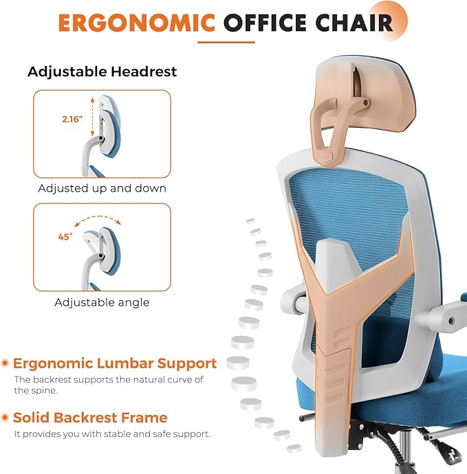 Sweetcrispy Office Computer Desk Chair, Ergonomic High-Back Mesh Rolling Work Swivel Chairs with Wheels, Comfortable Lumbar Support, Comfy Arms for Home, Bedroom, Study, Student, Blue