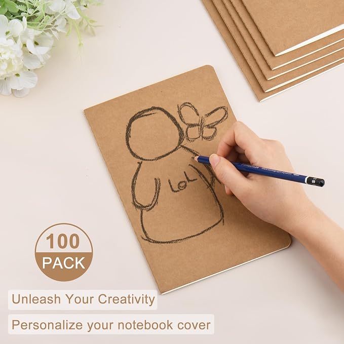 ZCZN 100 Pack A5 Kraft Notebooks Bulk, 8.15x5.5 Inches Blank Journaling Notebooks, Notebooks for Work, Composition Notebooks for School, Journal notebooks for kids, 60 Pages