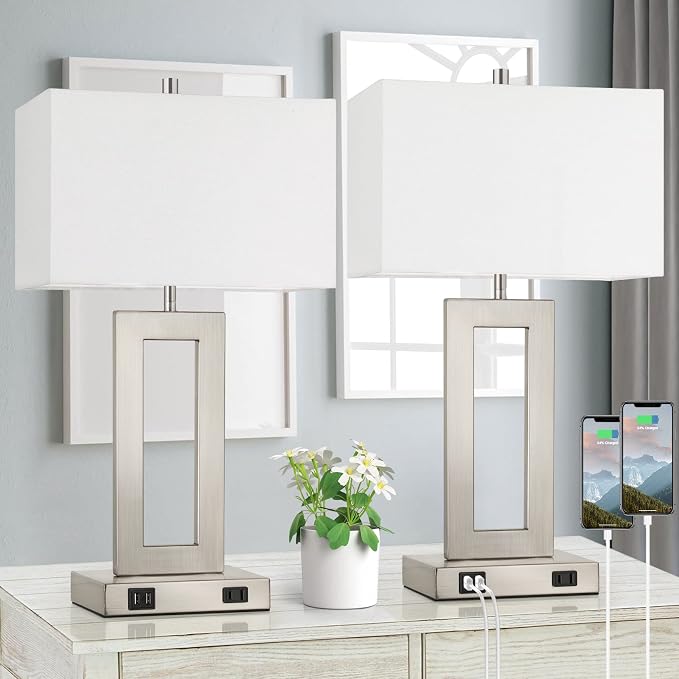 22'' Tall Table Lamps for Bedroom Set of 2, Silver Bedside Touch Control Lamp with 2 USB Ports&AC Outlet, Modern Living Room Table Lamp for Nightstand End Table, 3-Way Dimming with 2 E26 Edison Bulbs