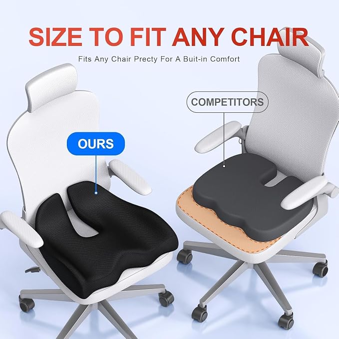 Benazcap Large Ergonomic Seat Cushion Relieves Sciatica & Tailbone Pain | Ergonomic memory foam relieves sitting strain, washable slip-resistant cover, fits office, car, gaming chairs all day