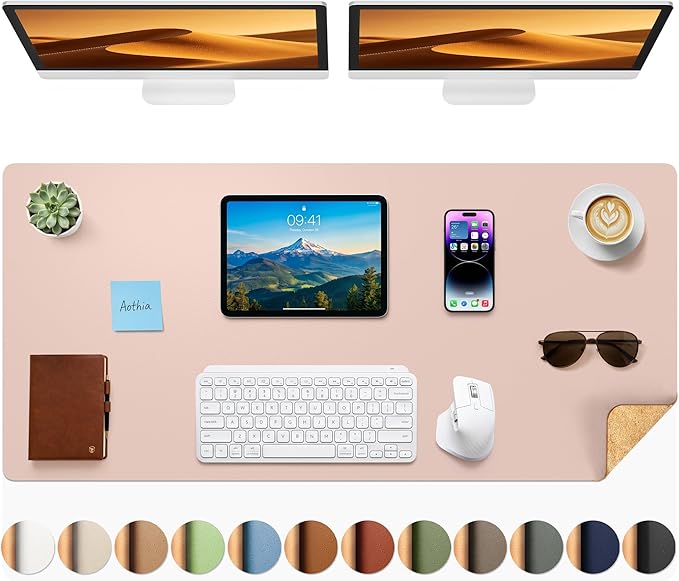 Aothia Cork Desk Mat - Dual-Sided Extra Large Desk Pad & Keyboard Mat, Long PU Leather Desk Protector, Waterproof Desktop Blotter (47" x 17", Pink)