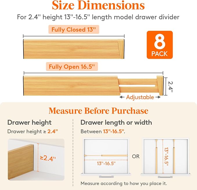 Lifewit 2.4" High 8 Pack Bamboo Drawer Dividers 33-42cm/13-16.5" Adjustable Wooden Drawer Organizer for Clothes/Utensils, Expandable Drawer Separator for Dresser/Kitchen/Bedroom/Office Organization