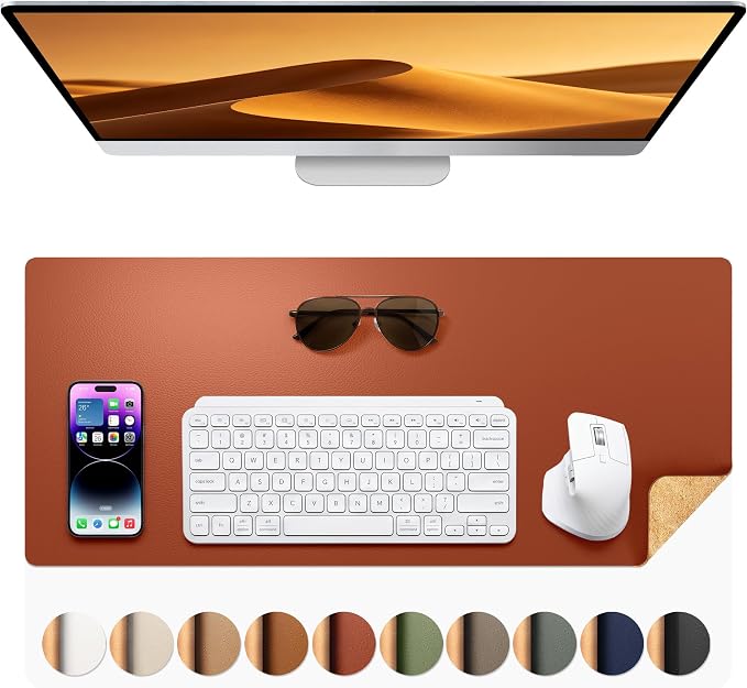 Aothia Dual-Sided Desk Pad - Leather Desk Mat, Natural Cork Desk Pad Protector, Large Mouse Pad for Desk, Waterproof Desk Blotter Pad, Desk Writing Pad for Office Work/Home, Maple Brown (25.6"x13.7")