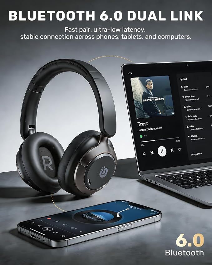Boean Active Noise Cancelling Headphones, Bluetooth 6.0 Wireless Over Ear Headphones with 120H Playtime, 360° Spatial Audio & 5 ENC Mics, Soft Memory Foam, Transparency Mode for Office Travel Gaming