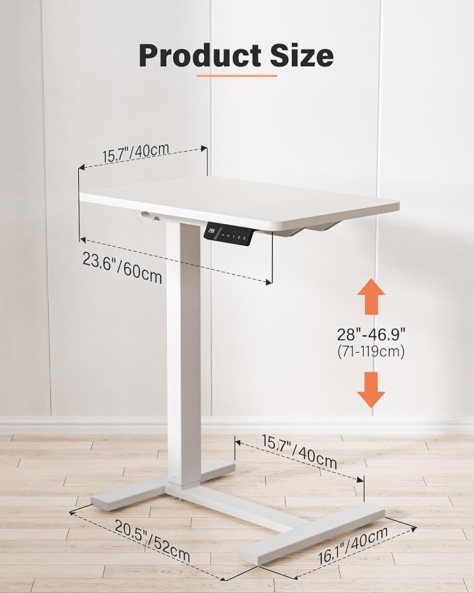 FiCiHi Electric Standing Desk with Wheels – Adjustable Height Mobile Sit-Stand Laptop Table, Portable Rolling Small Computer Workstation for Home Office & Bedside Use (28"x16", White)