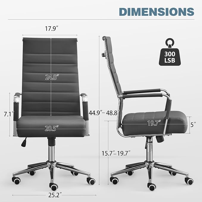JOMEED Office Desk Chair,Conference Room Chair,High Back PU Leather Swivel | Modern Executive Ribbed Design, Ergonomic, Height Adjustable, Wheels and Arms, for Home Office(Grey-Silver Frame)