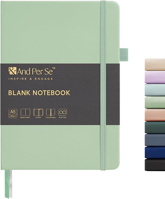 &And Per Se Blank Sketch Notebook, A5 Hardcover, 160 Pages 100gsm Thick Paper, Unlined Journal for Drawing, Doodling, Hand Lettering – Creative Gift for Artists, Designers, Writers (Light Green)