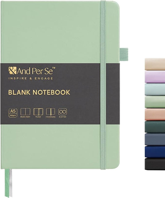 &And Per Se Blank Sketch Notebook, A5 Hardcover, 160 Pages 100gsm Thick Paper, Unlined Journal for Drawing, Doodling, Hand Lettering – Creative Gift for Artists, Designers, Writers (Light Green)
