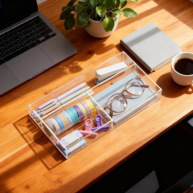 Briwooody Clear Acrylic Drawer Organizer,4 Compartments,Small | 11 x 6.1 x 1.38 Inch Desk Storage Tray Organizer for Pen, Stationery, Desktop, Office, Bathroom, Kitchen, Makeup Supplies