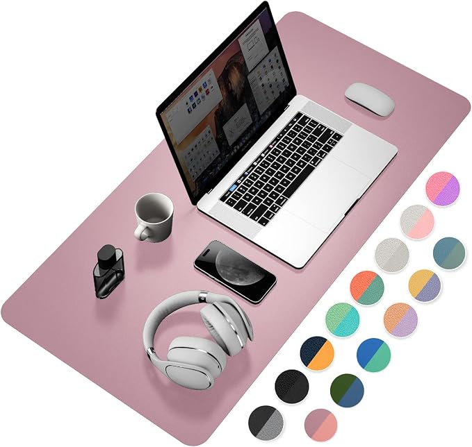 YSAGi Desk Mat, 35.4" x 17" Waterproof Laptop Leather Pad Protector, Large Blotter for Keyboard and Mouse, Writing Pad for Office and Home (Dark Pink+Pink)