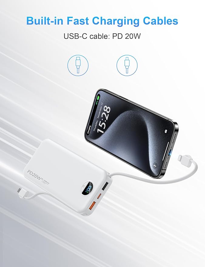 Ffnpua Portable Charger with Wall Plug, 10000mAh USB C Power Bank Fast Charging, External Battery Pack with Built in Cables, Digital Display, 5 Output 4 Input for iPhone Android Cell Phone Tablet