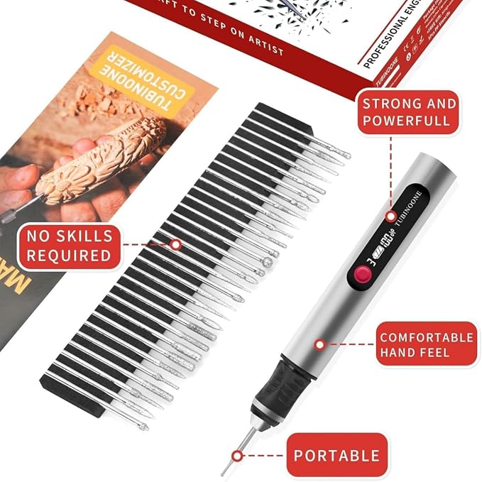 TUBINOONE Engraving Pen, Ultimate Cordless Portable Tool for Artists & DIYers - Engrave 50+ Surfaces - Beginner Friendly - Rechargeable - Free 30 Bits & Mastery Guide & Stencils (Silver)