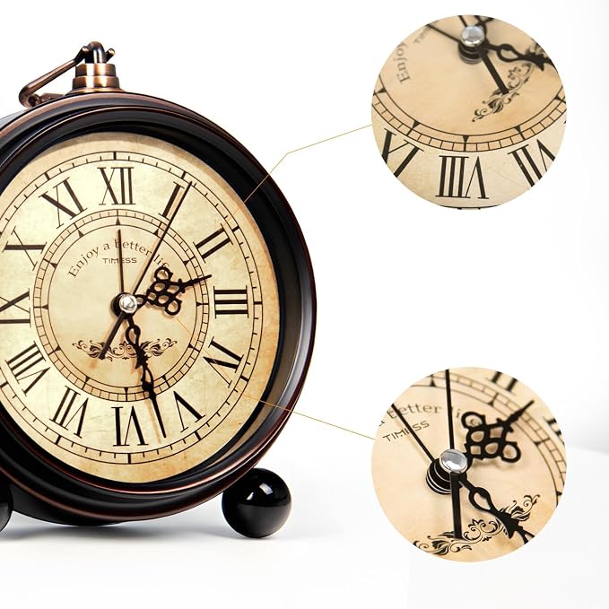 TIMESS 4.3-Inch Vintage Analog Alarm Clock, Silent Non-Ticking, White | Quartz movement, Roman numeral dial, battery operated, compact desk or table clock for bedroom, living room, and office