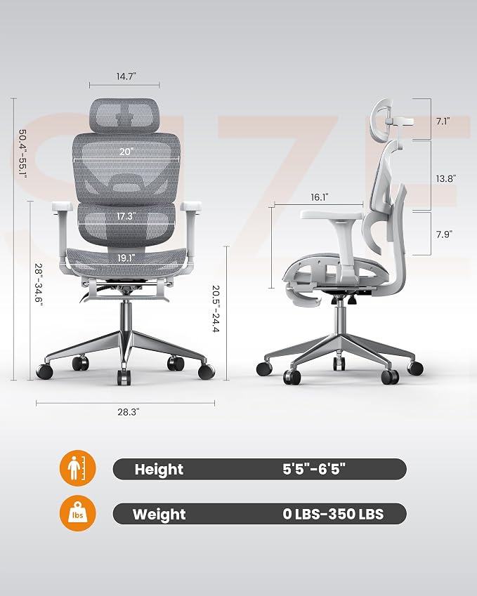 naspaluro Ergonomic Office Chair High Back for Home, Work and Gaming Grey | Mesh Desk Chair with Adjustable Lumbar Support, 3D Headrest and Armrests, Footrest, Swivel Computer Chair 350lbs Capacity