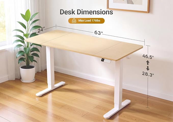 YDN Electric Standing Desk Adjustable Height, 63 x 24 Inches Sit Stand up Desk with Memory Presets & Cable Management, Home Office Desk for Office & Computer Workstation, White Frame/Nature Top