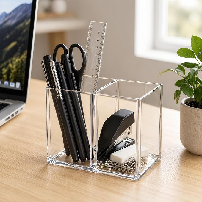Gejoy 20 Pcs Acrylic Pencil Pen Holder Clear Makeup Brush Organizer 2 Compartments for Desktop Stationery Office Bedroom
