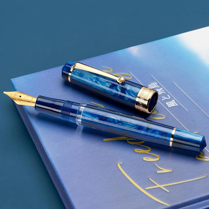 Asvine P20 Piston Fountain Pen, Stub Nib 1.1mm Calligraphy Art Drawing Galaxy Blue Acrylic with Case Set