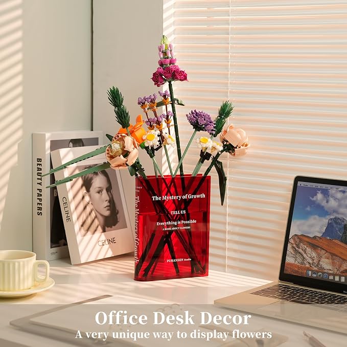 Puransen Red Book-Shaped Vase for Flowers - Aesthetic Room Decor for Modern Home/Office, Minimalist Shelf Organizer with Floral Display, for Book Lovers & Interior Design Enthusiasts