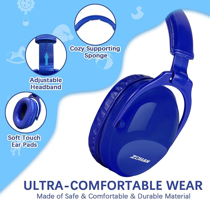 ZOHAN Kids Ear Protection 2 Pack, 25dB NRR Noise Cancelling Headphones for Kids, with Pillowy Pads, for Monster Truck, School, Autism, Sensory, Fireworks, Concerts, Events(Sapphire Blue+Sapphire Blue)