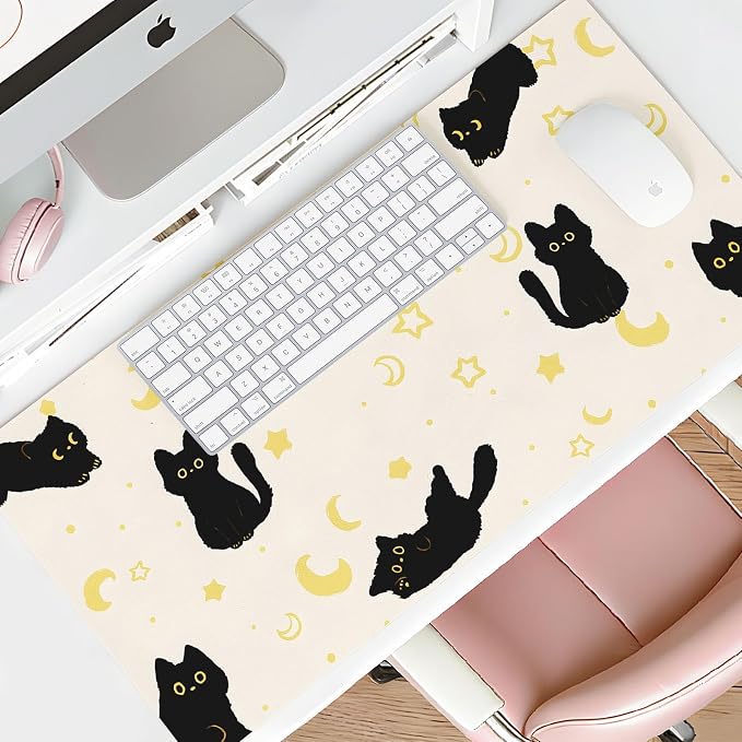 Mouse Pad Leather Desk Mat Large Keyboard Cute Office Desktop Computer Laptop XXL Long Big Aesthetic Modern Design Women Girls Gaming Gamer Oversized Wide Mousepad 31.5"x15.7", Black Cat