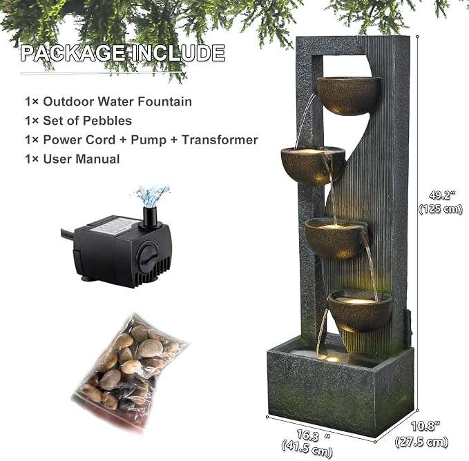 Sunlinua Outdoor-Water-Fountain Waterfalls Garden Fountain 5-Tier Outdoor Floor Standing Water Fountains with Natural Stones, LED Lights, Pump for Garden, Living Room, Patio, 49.2 Inches Tall