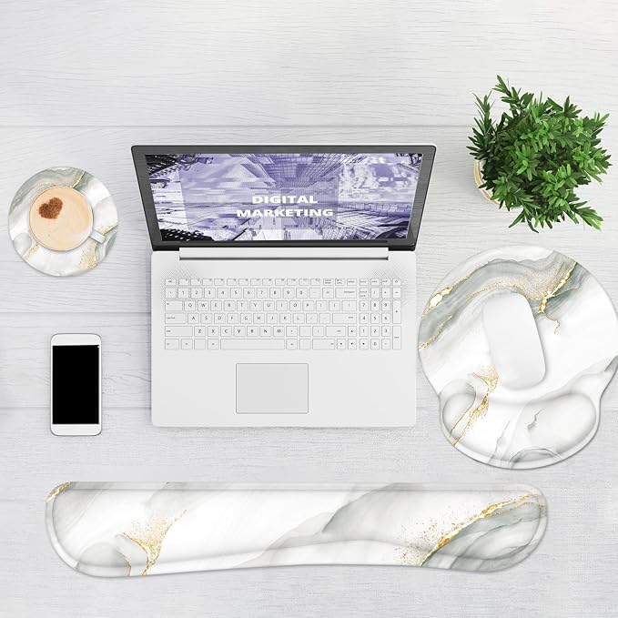 Ergonomic Mouse Pad with Wrist Rest and Keyboard Wrist Rest, Mousepad and Wrist Rest for Computer Keyboard, Pain Relief, Non-Slip Rubber Base, Mouse Pad with Wrist Support for Gaming, White Marble