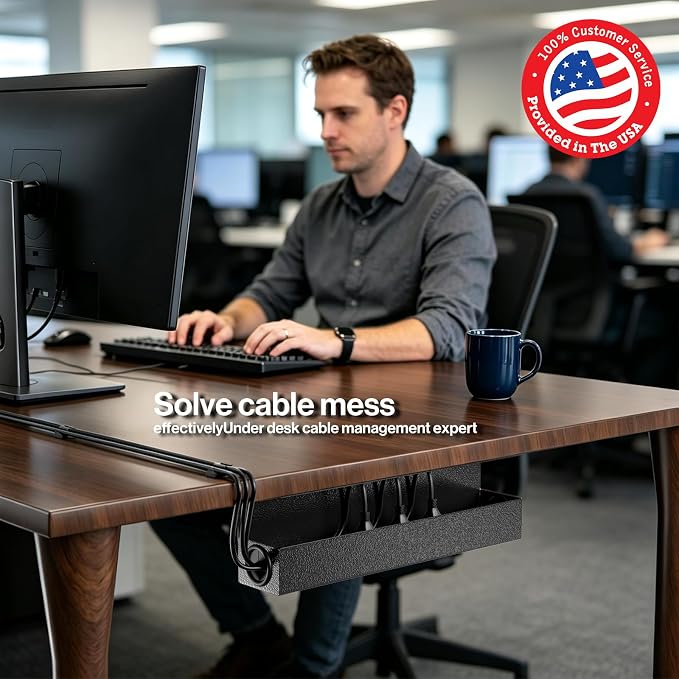POCHAR Under Desk Cable Management Tray, 16.5" Extended Wire Organizer | Slim 3" Profile Steel Power Strip Holder, Screw-Mount Cord Hider for Wide Standing Desk Home Office