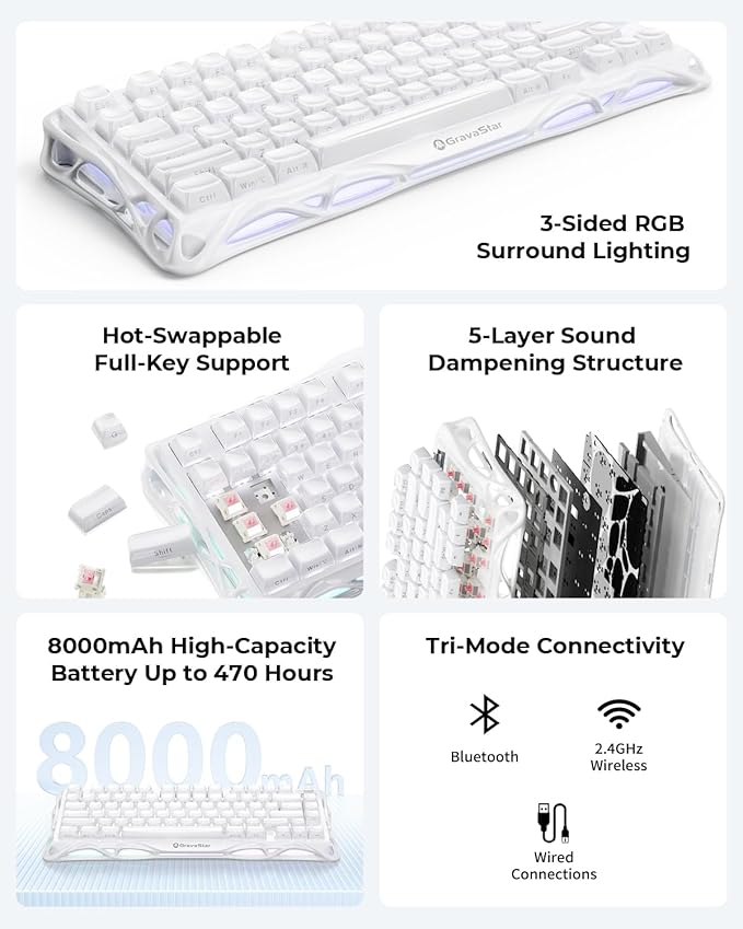 GravaStar Mercury K1 75% White Wireless Keyboard, Aluminum Alloy Exoskeleton Design Mechanical Gaming Keyboard, Gasket Hot-Swap Socket, Linear Switches, RGB Backlit【Opaline White】