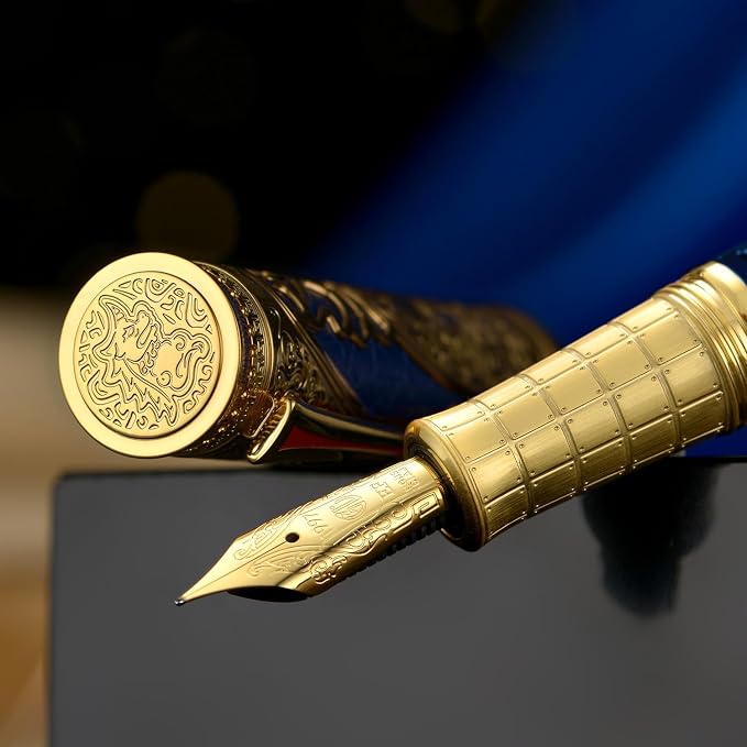 HONG DIAN D5 Qin Dynasty Fountain Pen Blue Gold, Fine Nib Piston Filling Pen, Retro Chinese Totem Engraving Smooth Writing Pen with Pen Box Set