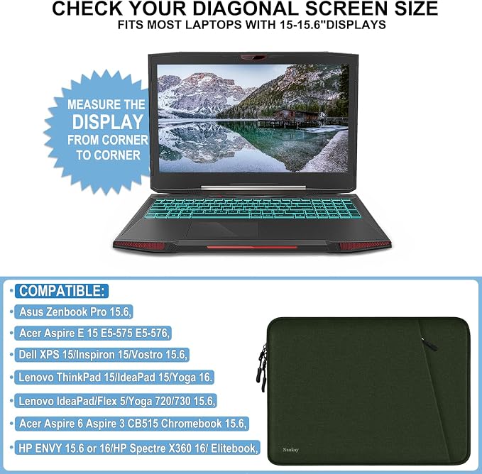 Laptop Sleeve Case, Shockproof Protective Computer Sleeve Cover with Accessories Pocket, Water Resistant Traveling Carrying 15.6 inch Laptop Bag Compatible for MacBook Dell HP Acer Lenovo, Army Green