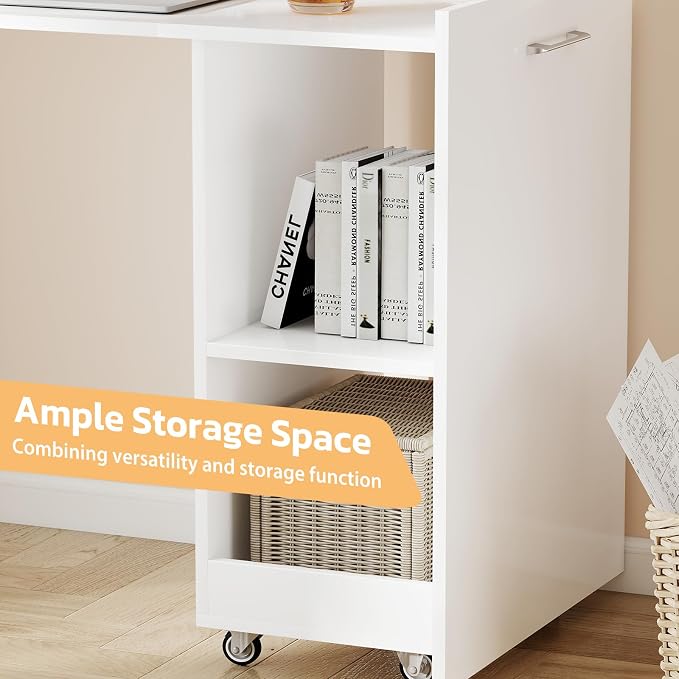 Zevemomo Folding Desk with Storage, Convertible Table with Shelves & Wheels, Craft Cabinet with Fold Out Table, Compact Computer Desk for Small Space, Reversible L Shaped Desk - White