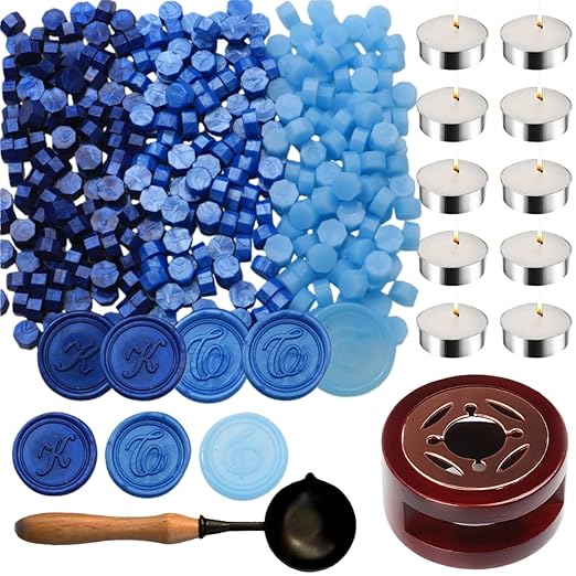 Wax Seal Kit with Warmer, ONWINPOR 300pcs Sea Blue Sealing Wax Beads in 3 Colors, Non-Slip Spoon, Candles for Envelopes, Stamp Letter Seal,Wedding Invitations (Blue Mix)