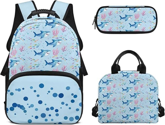 Sharks Backpack for Boys Girls Primary Middle School Bookbags Kid 3 Piece Set Back to School Supplies Kids Schoolbags with Lunch Bag and Pencil Box