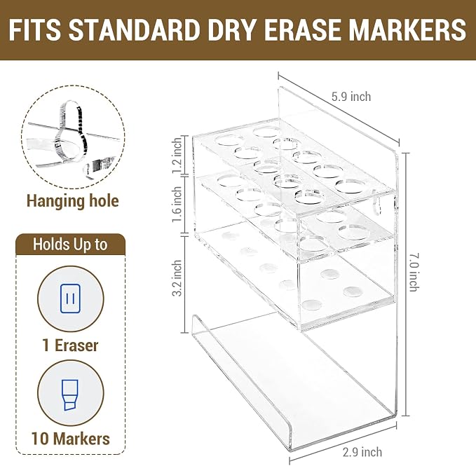 MyGift Dry Erase Marker Holder 10 Slots Whiteboard Marker Holder For Wall Dry Erase Eraser Holder Wall Mount Clear