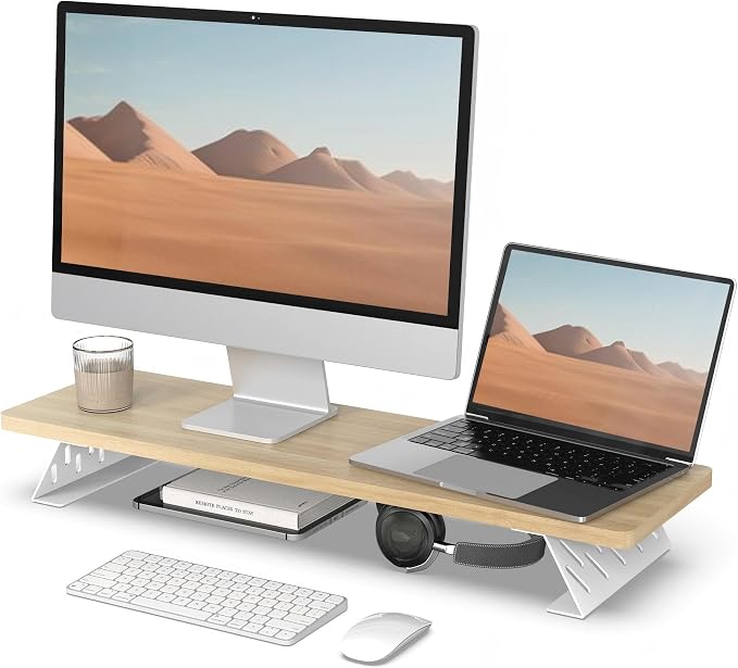 Fenge Monitor Stand Riser, 31.5 Inch Desk Top Shelf for 2 Monitors, Computer Stands for Desk, Wood & Steel Desktop Riser for Laptop, PC, Printer