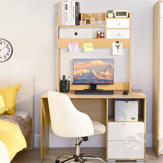 YGYQZ Wood Desk Shelf Organizer, Desk Hutch Top Only, Countertop Storage Hutch with 4 Shelves for Computer Desk，2-Tier with Cabinet Door Rack for Office, Home, Dorm，Natural