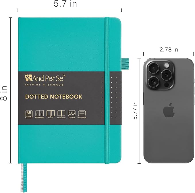 &And Per Se Dotted Journal Notebook, A5 Hardcover Leather Dotted Journal, 160 Pages 100gsm Thick Dot Grid Paper, 3 Sheets of Stickers Included - 5.7'' x 8'' (Turquoise)