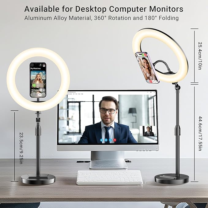 Desk Ring Light with Magnetic Phone Holder, 10'' Video Conference Podcast Lighting Kit for Laptop Computer Monitor Zoom Call Streaming, 3 Color LED Halo Light with Adjustable Stand for Home Office