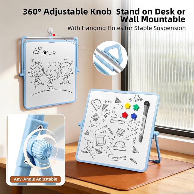 Colorful Dry Erase White Board 11x11in, Magnetic Desktop Board with Stand, 2 Markers (Eraser Head), 4 Magnets - Double-Sided Easel for Daily Planning, Office/Home/School (Blue)