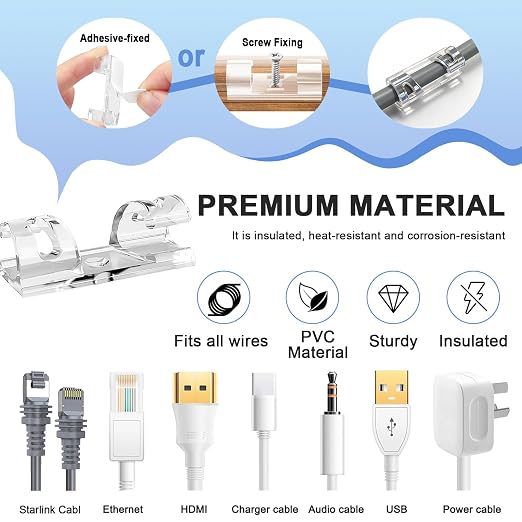 Adhesive Cable Wire Clips Clear (40 PCS) with Screw Holes - Strong Sticky or Screw-Mountable Cord Holders for Wall, Under Desk, Car, PC & Ethernet Cords, Indoor/Outdoor Christmas Lights Organizer