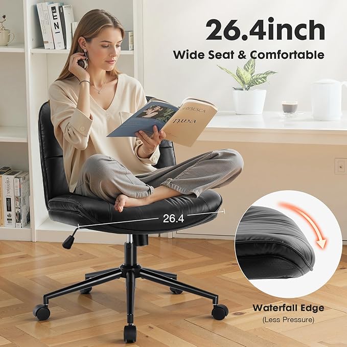 Sweetcrispy Armless-Office Desk Chair with Wheels, Cross Legged Wide Chair, PU Leather Comfortable Adjustable Swivel Computer Task Chairs for Home,Office,Make Up,Small Space,Bed Room Black