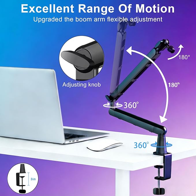 Microphone Boom Arm - Heavy Duty Low Profile Metal Mic Arm Stand with Desk Clamp & Cable Management, 360° Rotatable, Fits Shure SM7B/MV7, Blue Yeti, Fifine AM8, AT2020 for Podcasting & Gaming