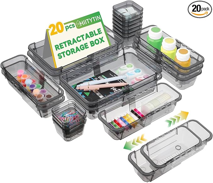 20 PCS Black Expandable Drawer Organizer, 3 Sizes Drawer Organizers and Storage, Vanity Dividers, Acrylic Storage Bins for Makeup, Jewelry Gadgets for Kitchen, Bedroom, Bathroom, Office