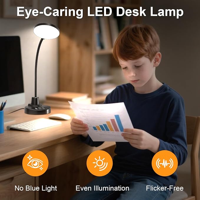 15W LED Desk Lamp with USB Charging Ports – Dimmable Table Lamp with 3 Color Temps, 5 Brightness, 4 Timers, Flexible Gooseneck Light with Base, Eye-Caring Reading Light for Home Office, Bedroom, Study
