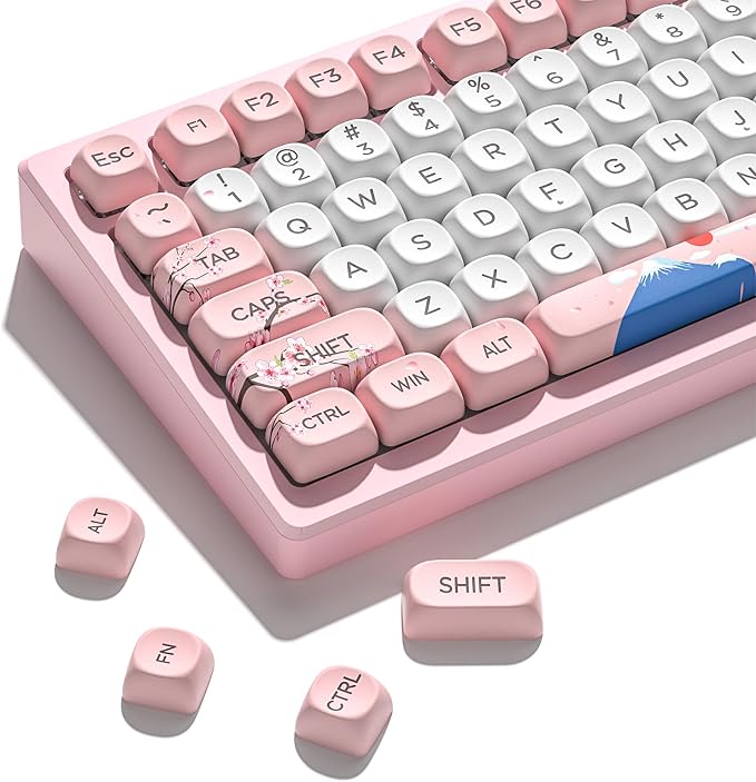 131 Cute Pink Keycaps MOA Cherry Blossom keycap Theme Japanese Keycap Set for Mechanical Keyboard for 61/68/84/87/98/99/100/104/108 Keys,Pink&White(Only Keycap Set)