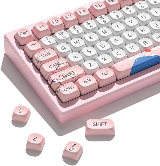 131 Cute Pink Keycaps MOA Cherry Blossom keycap Theme Japanese Keycap Set for Mechanical Keyboard for 61/68/84/87/98/99/100/104/108 Keys,Pink&White(Only Keycap Set)