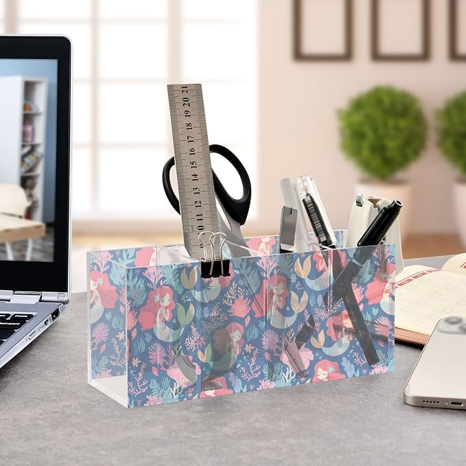 Cute Mermaid Acrylic Pen Holders Coral 4 Compartments Clear Makeup Brush Organizer, Flatware Holder